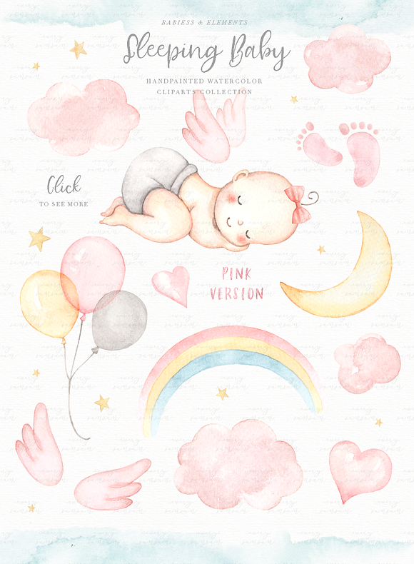 Sleeping Baby Watercolor Clip Arts in Illustrations - product preview 2