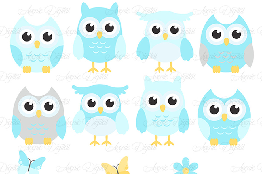 Blue and Grey Owl Cliparts - Vectors