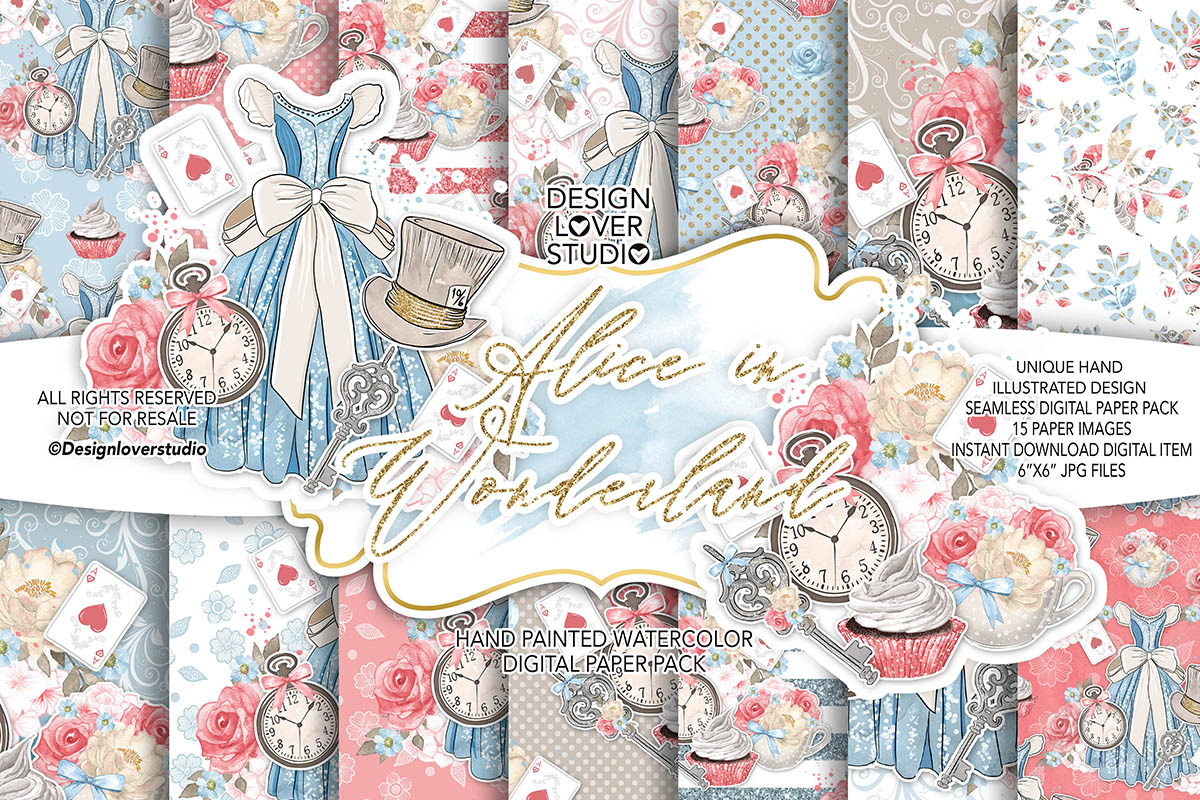 Alice in Wonderland digital paper in Patterns - product preview 8