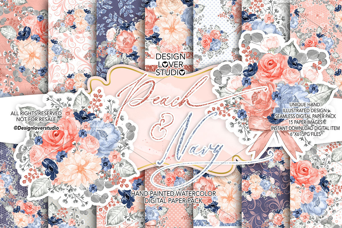 Watercolor Peach and Navy digital p in Patterns - product preview 8