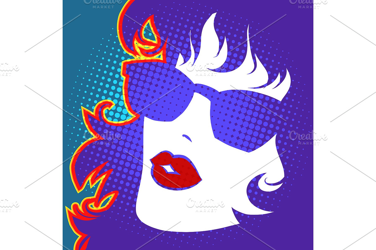 beautiful female face pop art red in Illustrations - product preview 8