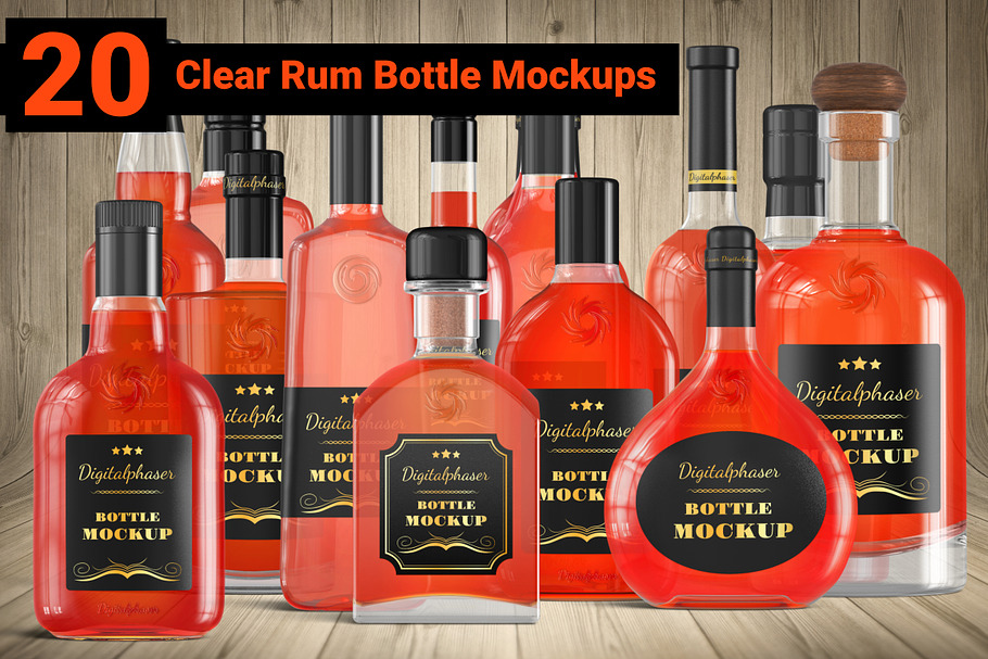 20 Clear Rum Bottle Mockups Bundle