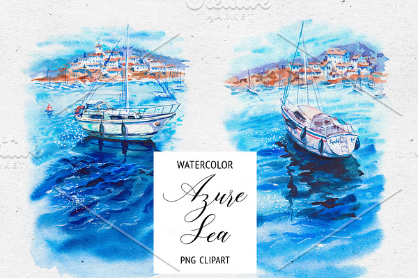 Watercolor Azure Sea, Boat, Yachts