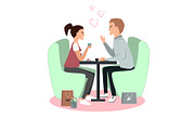 Cute girl and boy in cafe, happy