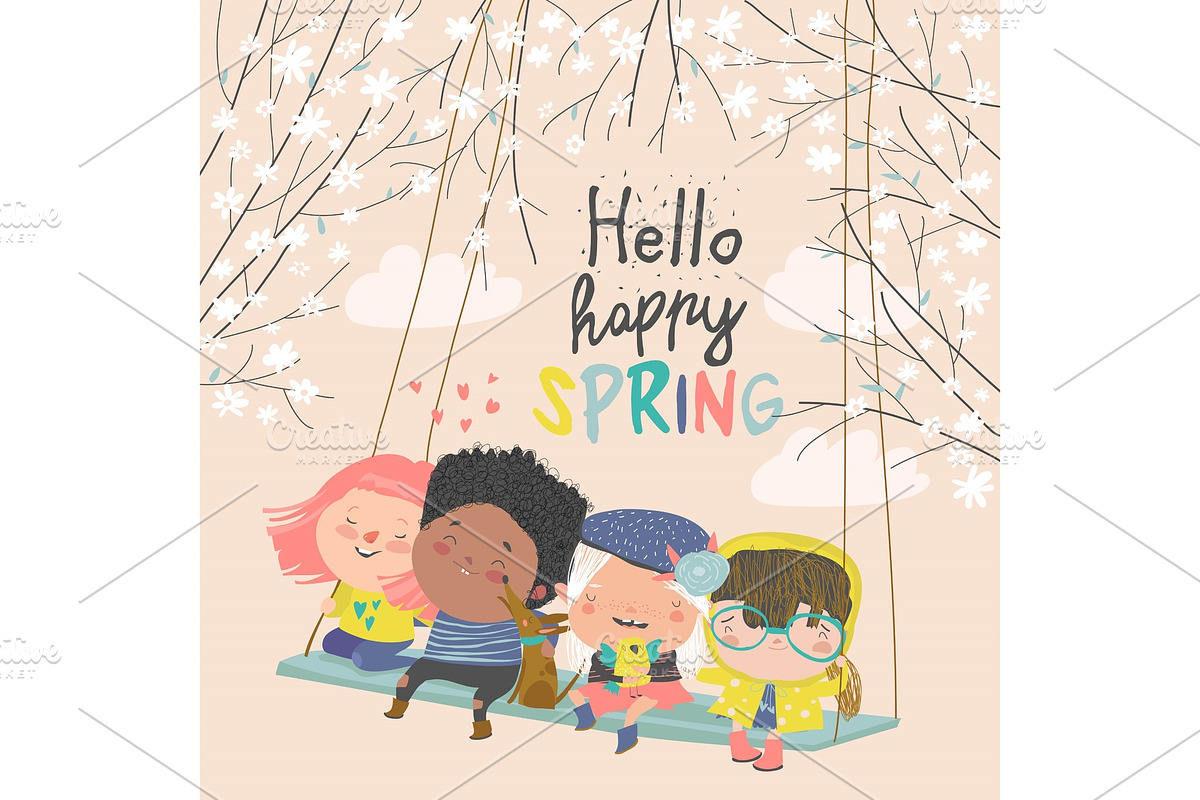 Happy kids flying on a swing in in Illustrations - product preview 8