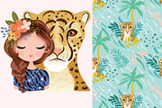 Cute girl and leopard vector pattern