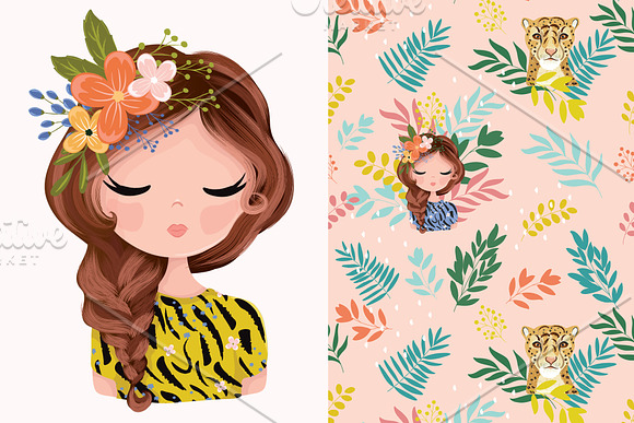 Cute girl and leopard vector pattern in Illustrations - product preview 1