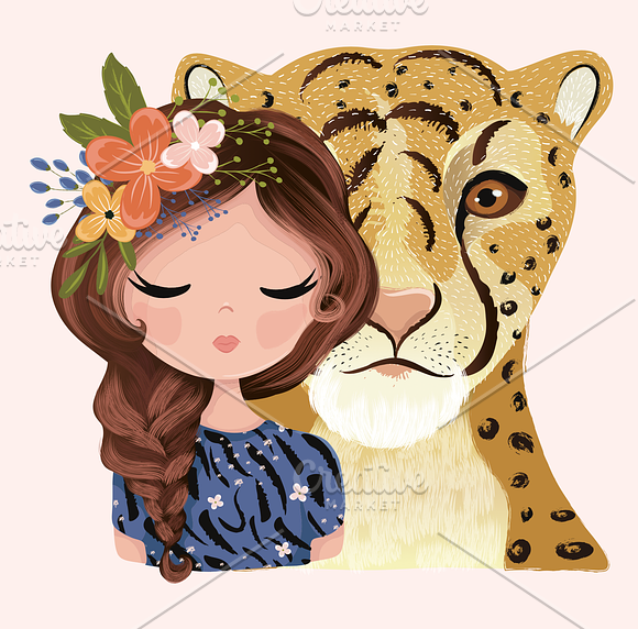 Cute girl and leopard vector pattern in Illustrations - product preview 3