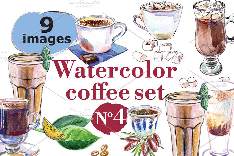 Watercolor coffee set-4 in Illustrations - product preview 8
