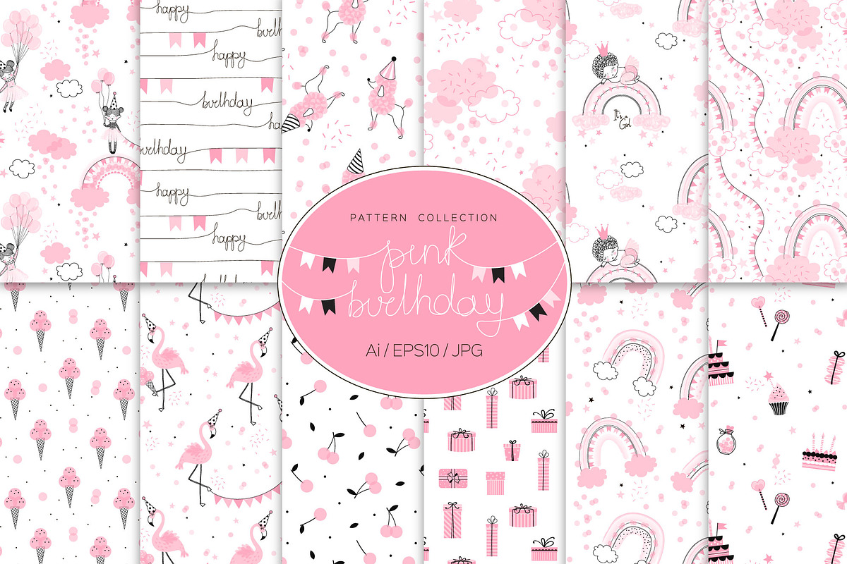 Pink Birthday girl pattern set in Patterns - product preview 8