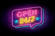Open 24/7 sign in neon style on a