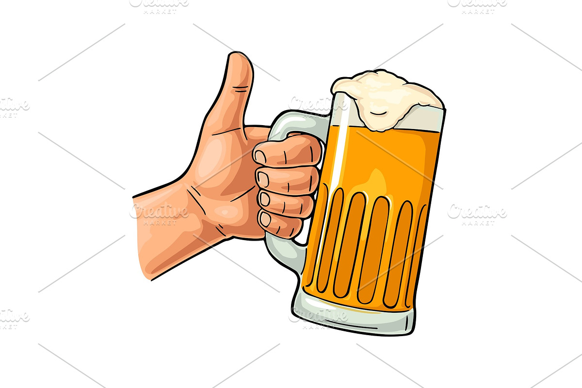 Male hand holding beer glass and in Illustrations - product preview 8
