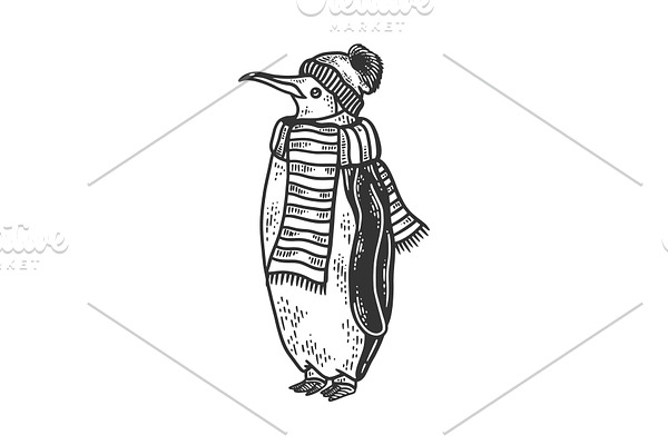 Penguin in scarf and hat sketch