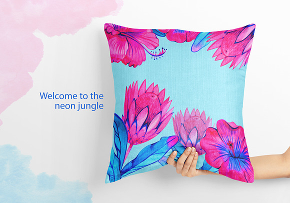 Watercolor neon tropical flowers in Objects - product preview 4