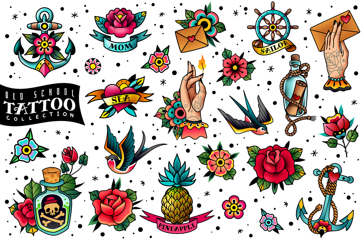 Old school traditional tattoo set in Illustrations - product preview 8
