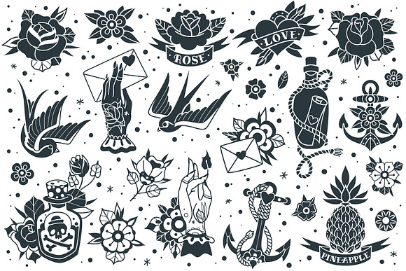 Old school traditional tattoo set in Illustrations - product preview 3