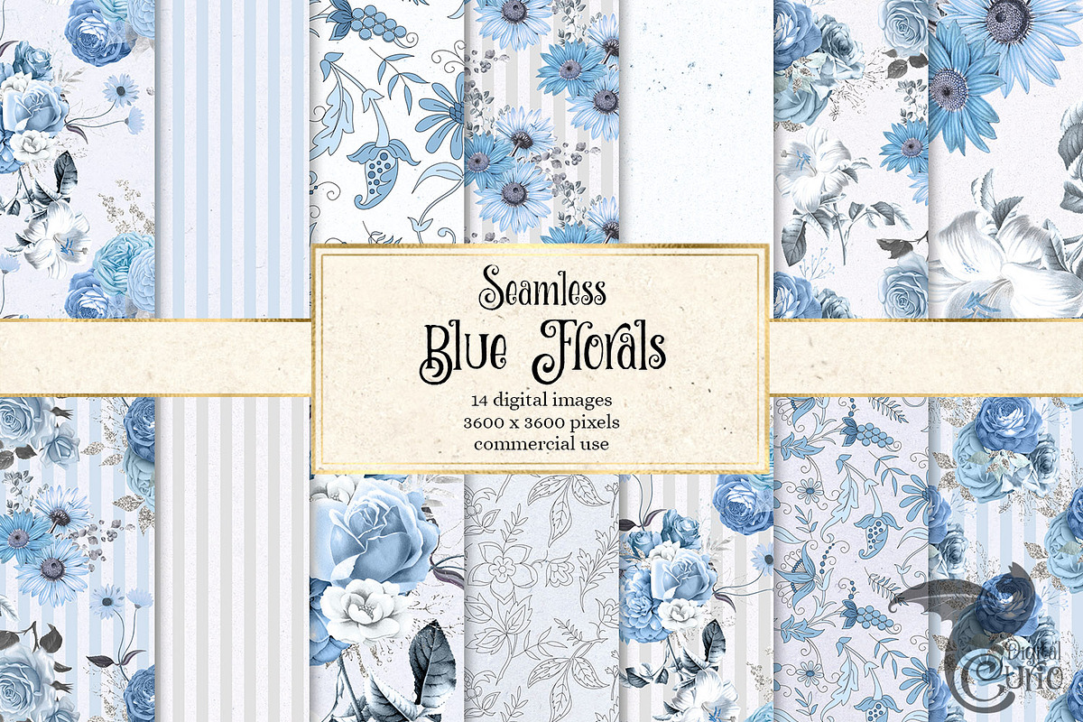 Blue Floral Digital Paper in Patterns - product preview 8