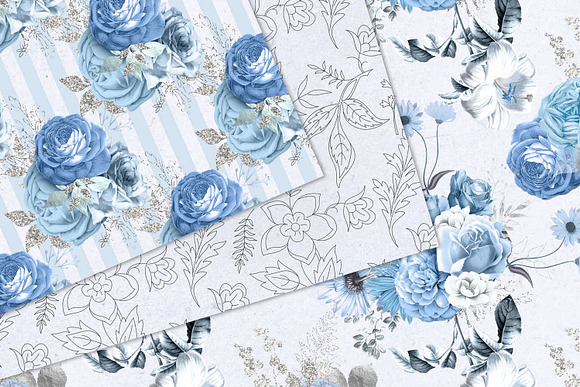 Blue Floral Digital Paper in Patterns - product preview 3