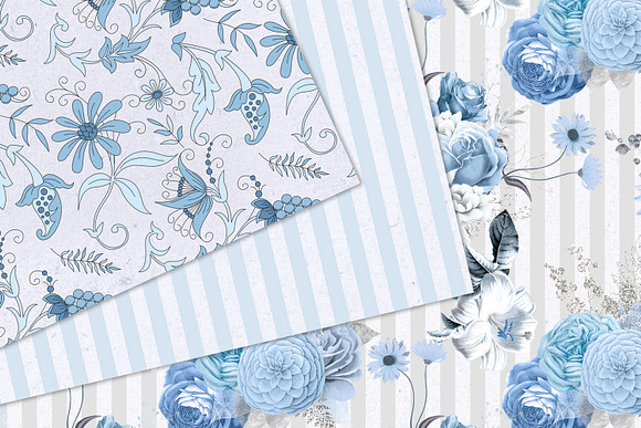 Blue Floral Digital Paper in Patterns - product preview 5