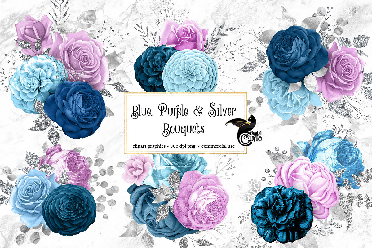 Blue Purple and Silver Bouquets in Illustrations - product preview 8