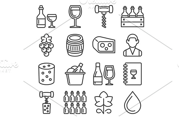 Wine Icons Set on White Background