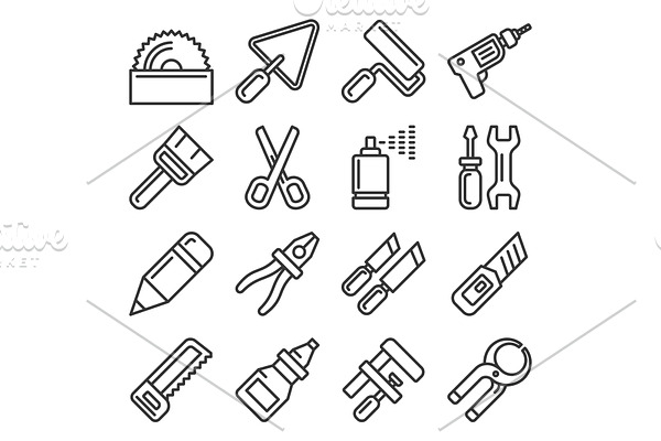 DIY Hand Tools Icons Set. Line Style