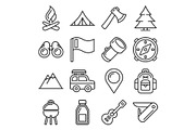 Hiking and Camping Icons Set. Line
