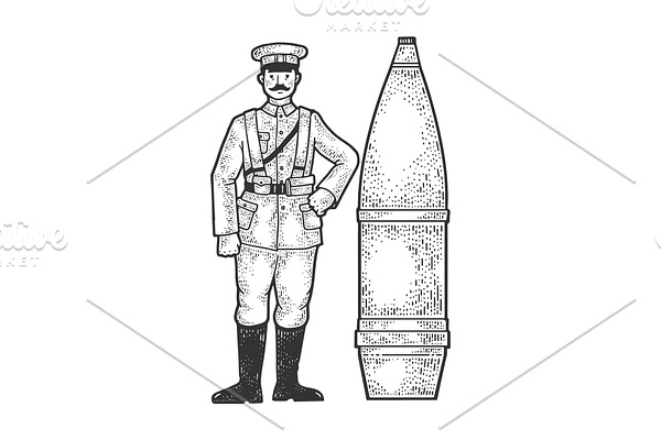 Soldier and huge cannon shell sketch