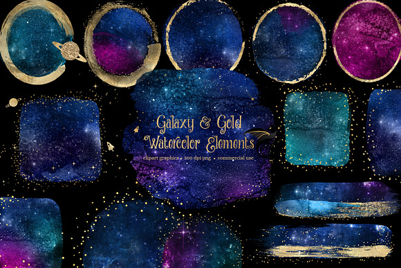 Galaxy & Gold Watercolor Elements in Illustrations - product preview 2