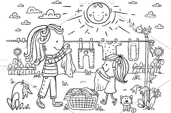 Family clipart. Girl helping mother in Illustrations - product preview 1