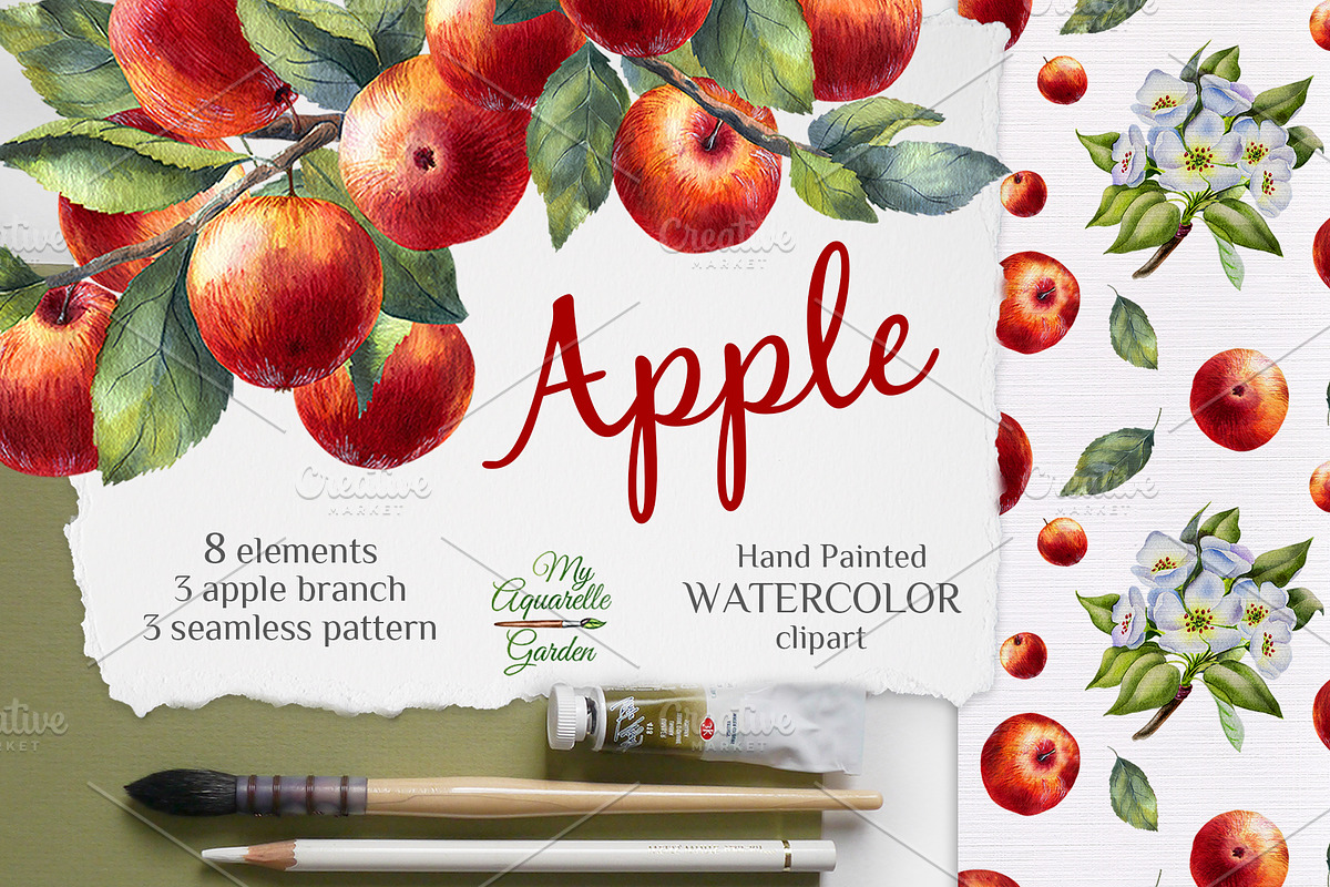 Apple Watercolor clipart in Illustrations - product preview 8