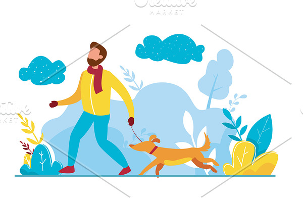Man playing with dog at winter