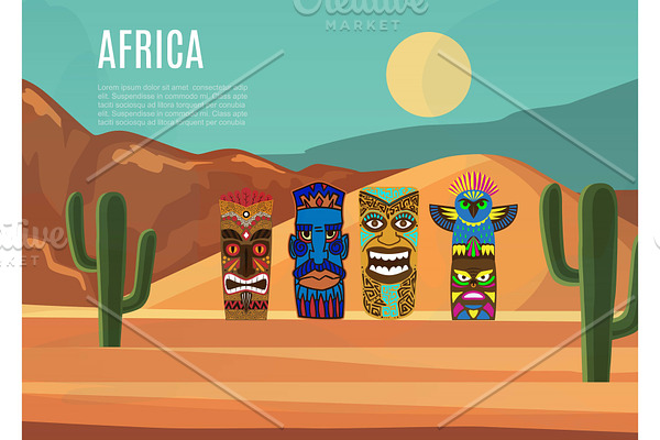 Africa landscape and African masks