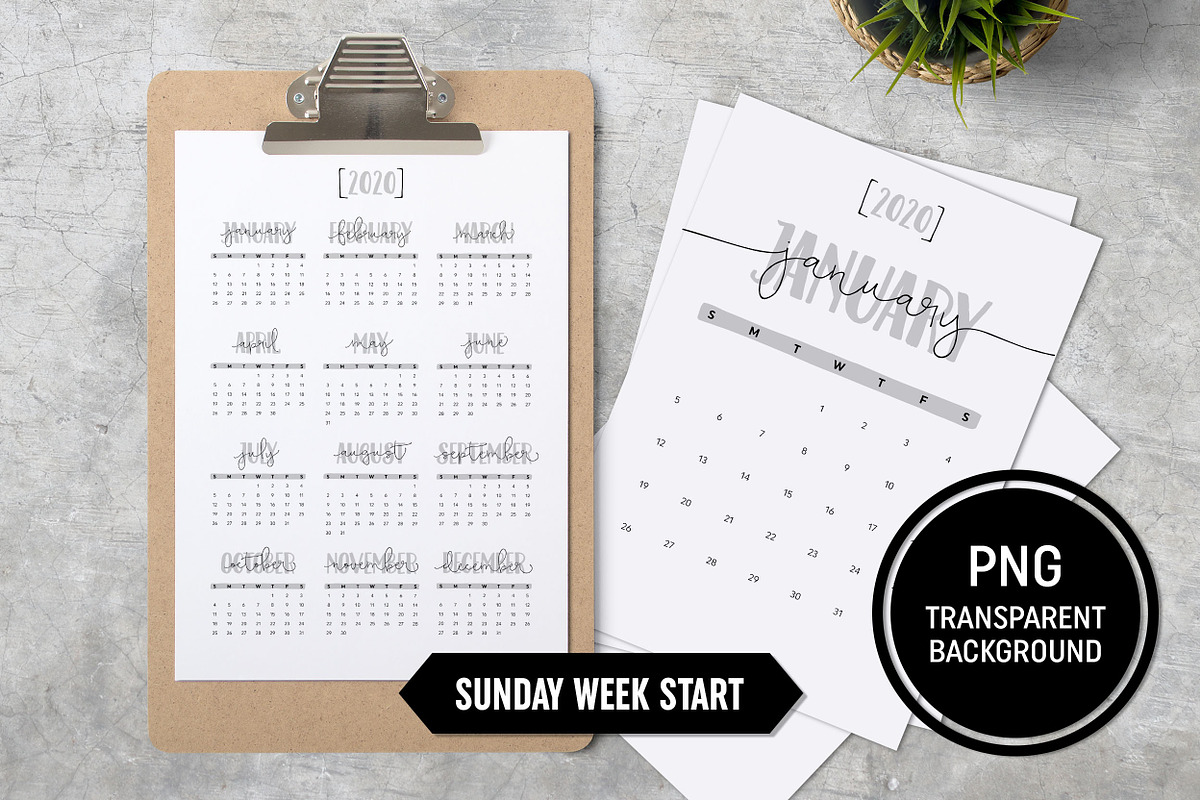 Calendar 2020 A4 Sunday Start No Bg in Stationery Templates - product preview 8