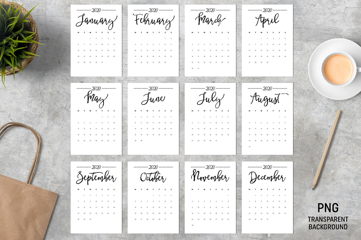 Calendar 2020 A4 Monday Start No Bg in Stationery Templates - product preview 8