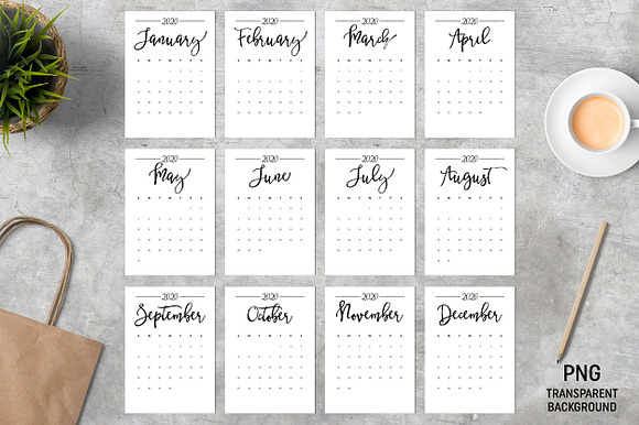 Calendar 2020 A4 Sunday Start No Bg in Stationery Templates - product preview 1