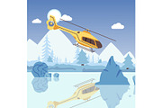 Helicopter hovering over frozen lake