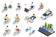 Set of cyclists, car with bike