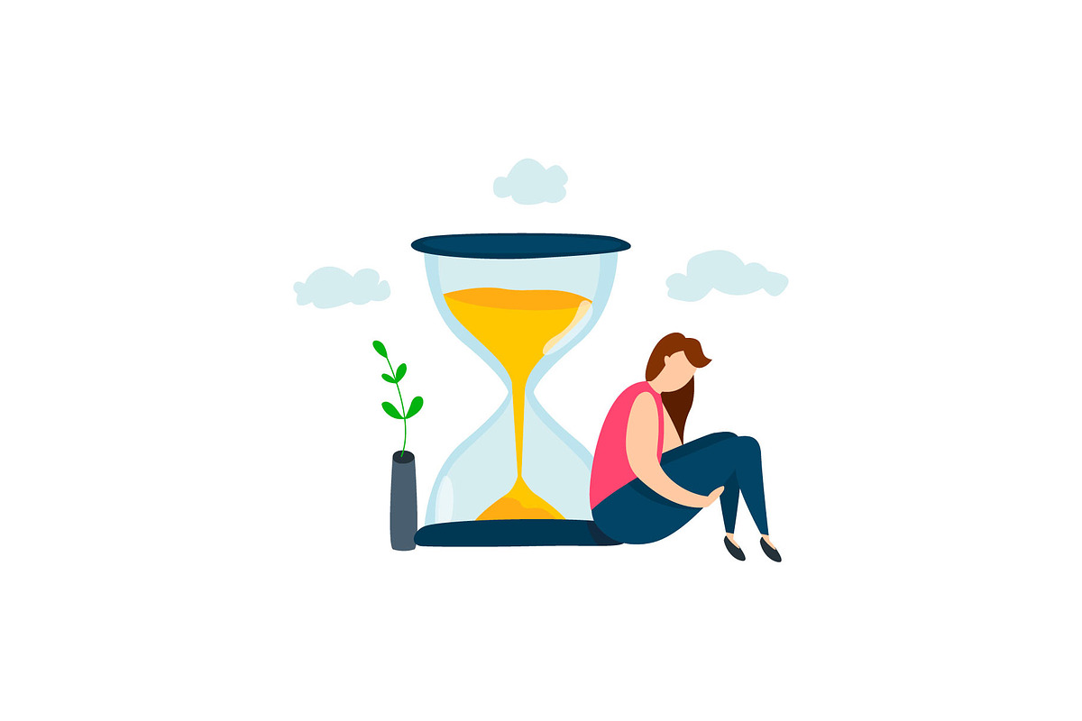 sad woman sitting near hourglass in Illustrations - product preview 8