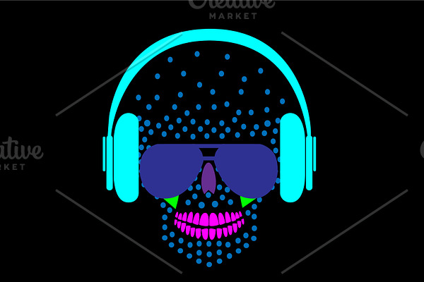 Music skull icon with headphones, ne
