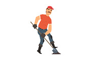 Man Gardener Digging with Shovel