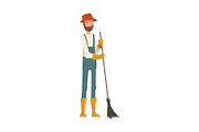 Man Gardener Sweeping with Broom