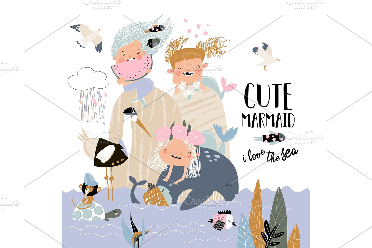 Cute little mermaids with happy in Illustrations - product preview 8