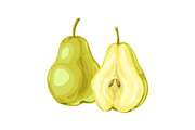Illustration of ripe pear and slice.