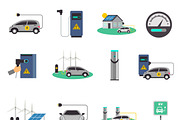 Electric car charging flat icons