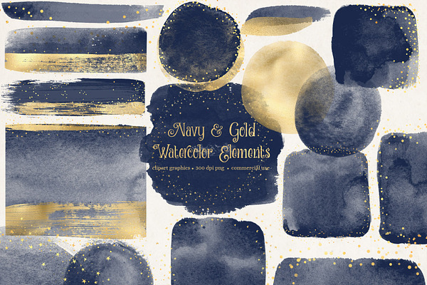Navy and Gold Watercolor Elements