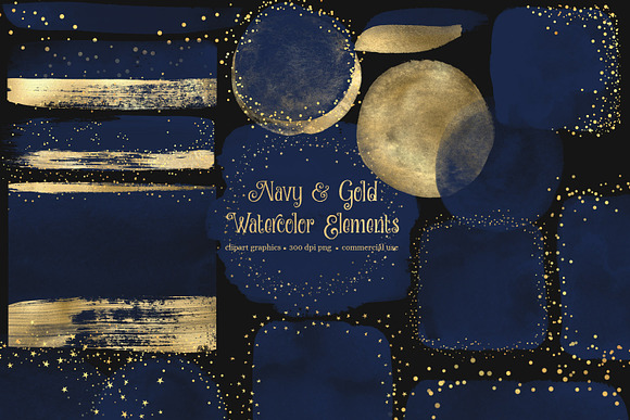 Navy and Gold Watercolor Elements in Objects - product preview 1