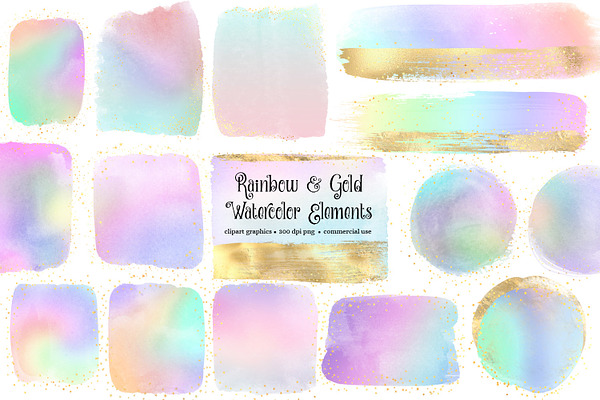 Rainbow & Gold Watercolor Elements