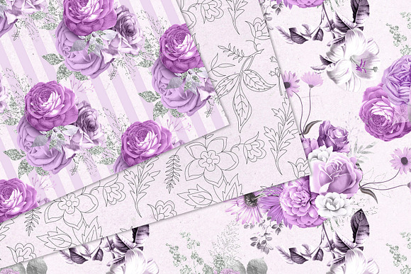Purple Floral Digital Paper in Patterns - product preview 3