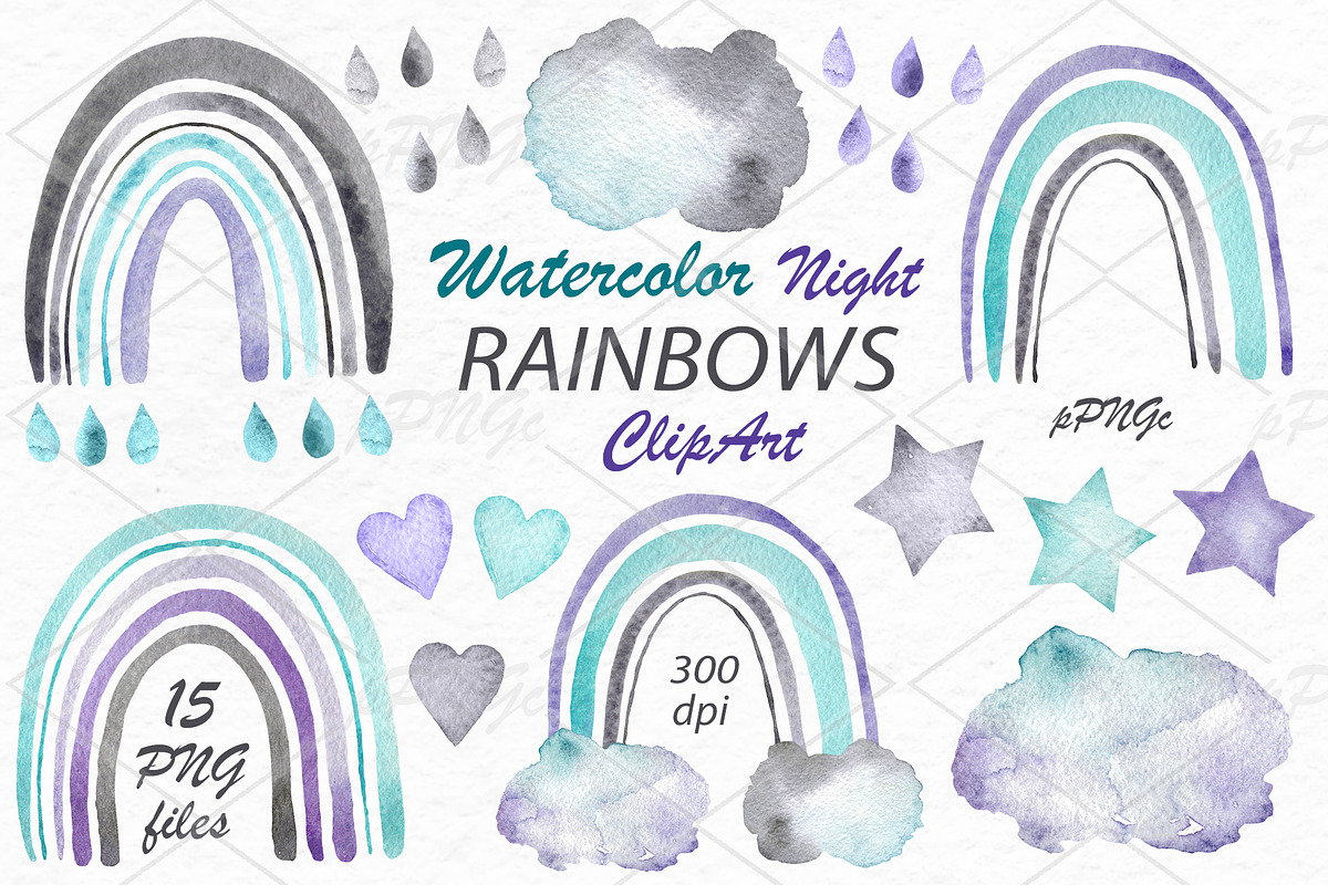 Watercolor Night Rainbows Clipart in Illustrations - product preview 8